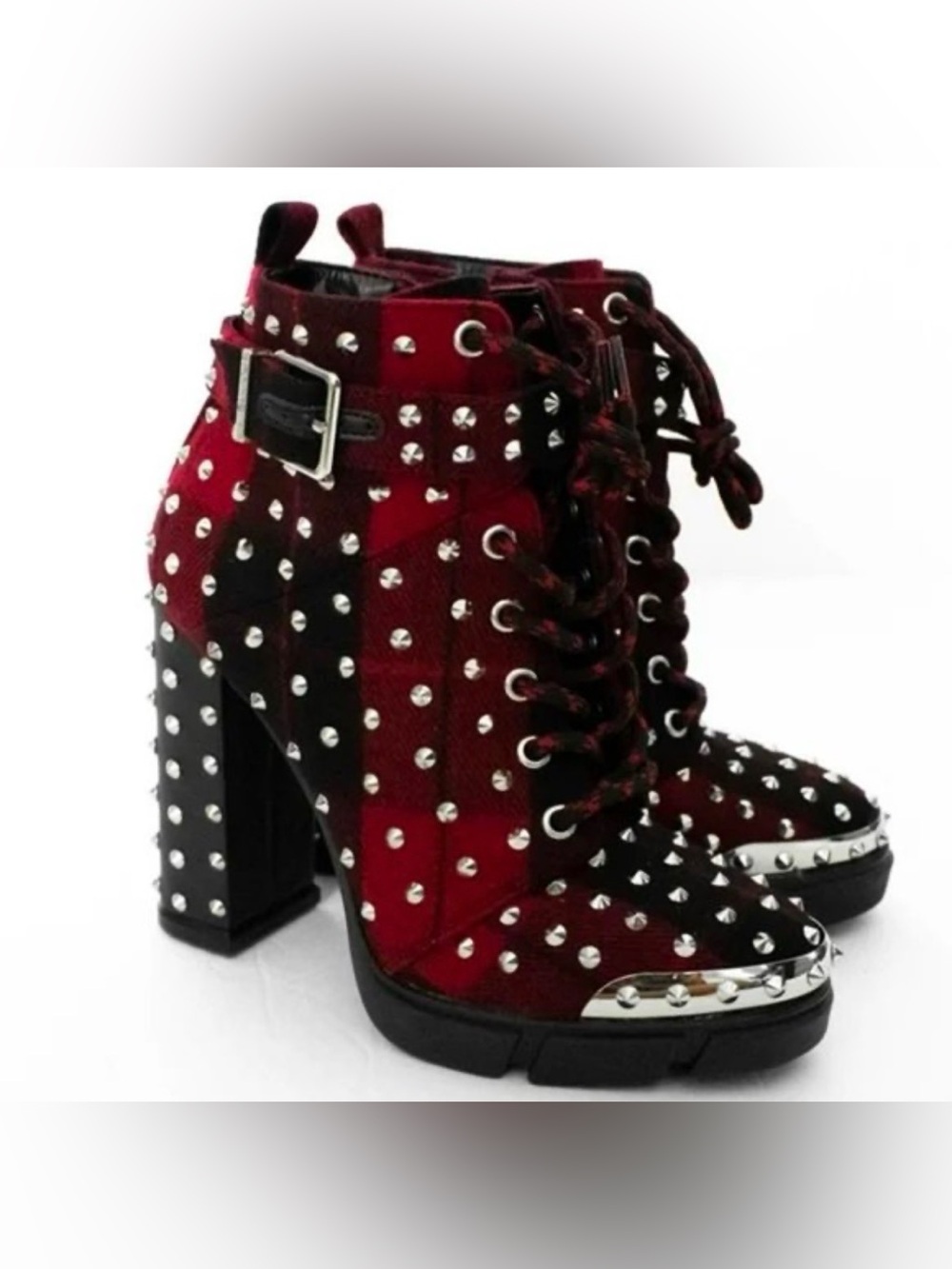 Gianni Bini Red and Black Studded Lace-Up Block Heel Boots